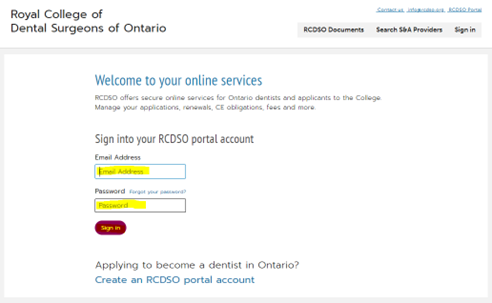Image of RCDSO Portal homepage with email address and password text areas highlighted in yellow. 